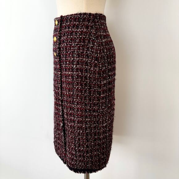 Talbots Tweed Fringe Faux Wrap Button Pencil Skirt Plaid | 12 NWT - Picture 4 of 9